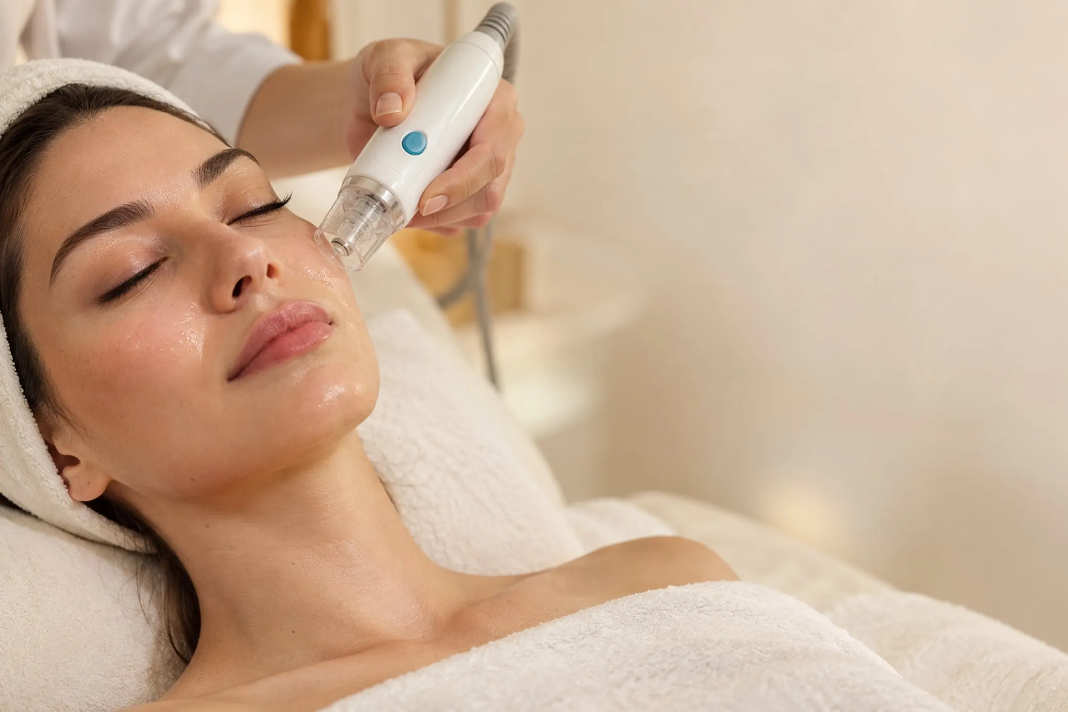 Uzman, iğnesiz serum başlığını uzanan bir kadının elmacık kemiğine tutuyor; omuzlar havluyla örtülü