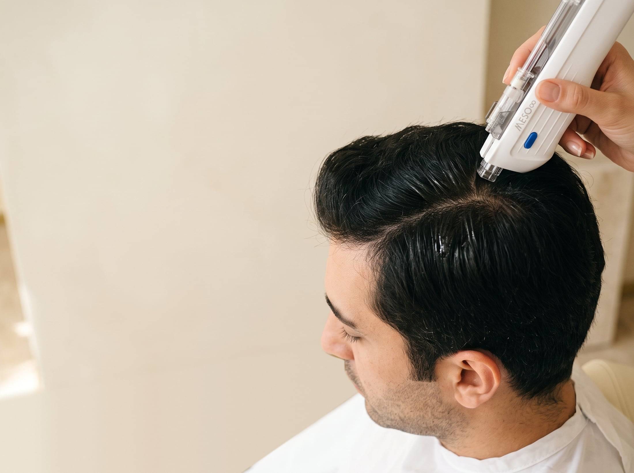 Uzman, iğnesiz serum cihazını oturan bir erkeğin saç derisinde, saç çizgisi boyunca uyguluyor