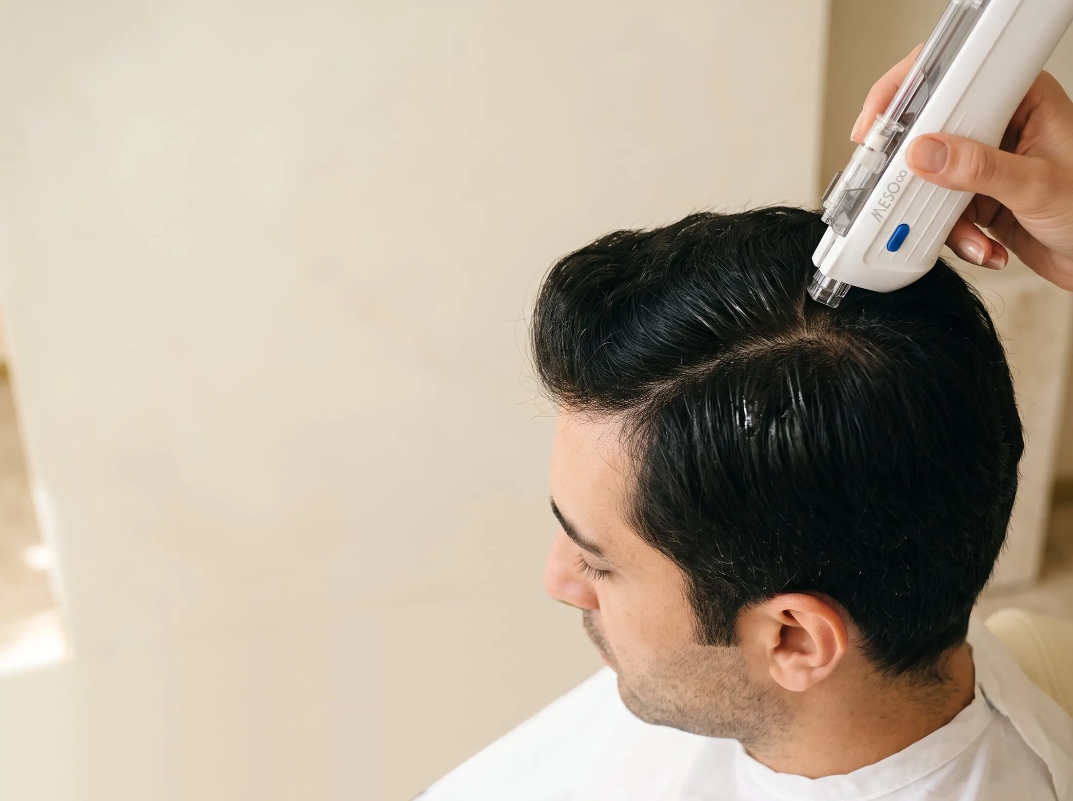 Uzman, iğnesiz serum cihazını oturan bir erkeğin saç derisinde, saç çizgisi boyunca uyguluyor